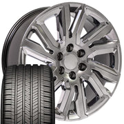 22" Replica Wheels fit GMC Sierra 1500 - CV39 Gloss Hyper Black with Chrome Insert 22x9, Goodyear Tires Set