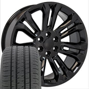 22" Replica Wheels fit Chevrolet Silverado 1500 - CV43B Gloss Black 22x9, Bridgestone Tires Set