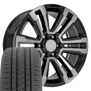 20" Replica Wheels fit GMC Yukon - CV44 Gloss Black Machined 20x9, Bridgestone Tires Set