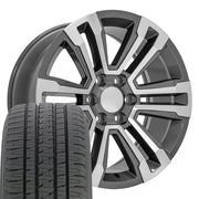 20" Replica Wheels fit GMC Yukon - CV44 Gloss Gunmetal Machined 20x9, Bridgestone Tires Set