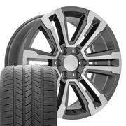 20" Replica Wheels fit GMC Yukon - CV44 Gloss Gunmetal Machined 20x9, Goodyear Tires Set