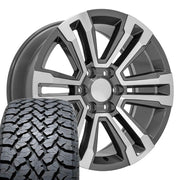 Set(4) 20x9 CV44 Gloss Gunmetal Machined - 6x139.7 +24ET with 275/55r20 TBB TS-37 AT Tires