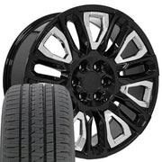Set(4) 22x9 CV57 Gloss Black with Chrome Insert - 6x139.7 +28ET with 285/45r22 Bridgestone Dueler Alenza HL Tires