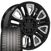 Set(4) 22x9 CV57 Gloss Black with Chrome Insert - 6x139.7 +28ET with 285/45r22 Goodyear Eagle Touring Tires
