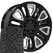 Set(4) 22x9 CV57 Gloss Black with Chrome Insert - 6x139.7 +28ET with 285/45r22 Sailun TerraMax RT Tires