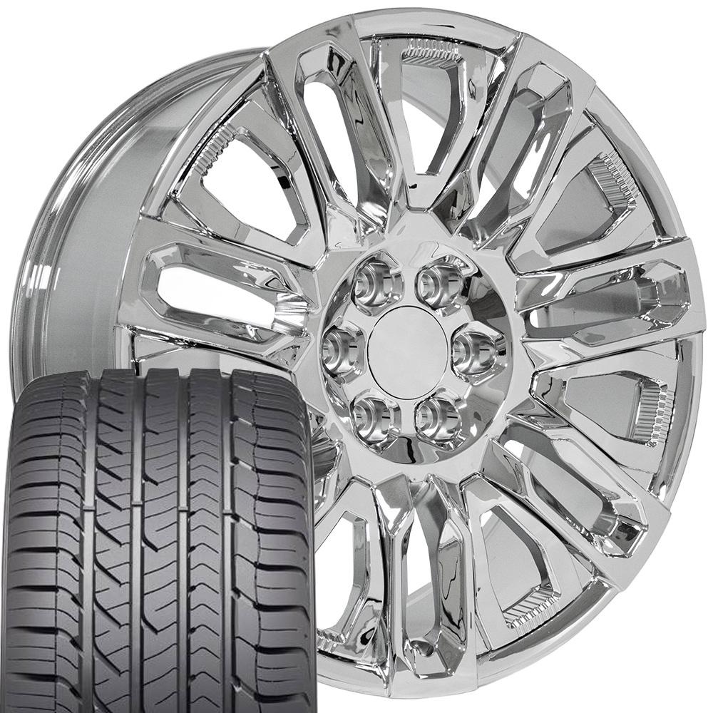 CV57 22x9 Chrome Sierra 1500 Replica Wheel Tire Set Goodyear – OE Wheels