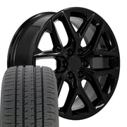 22" Replica Wheels fit Chevrolet Silverado 1500 - CV62 Gloss Black 22x9, Bridgestone Tires Set