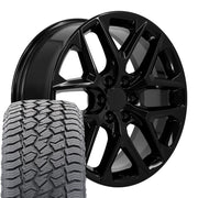 22" Replica Wheels fit Chevrolet Silverado 1500 - CV62 Gloss Black 22x9, Sailun Tires Set