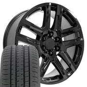 22" Replica Wheels fit Chevrolet Silverado 1500 - CV63 Gloss Black 22x9, Bridgestone Tires Set