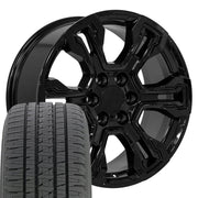 20" Replica Wheels fit Chevrolet Silverado 1500 - CV65 Gloss Black 20x9, Bridgestone Tires Set