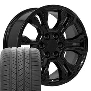 20" Replica Wheels fit Chevrolet Silverado 1500 - CV65 Gloss Black 20x9, Goodyear Tires Set