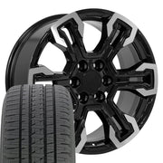 20" Replica Wheels fit Chevrolet Silverado 1500 - CV65 Gloss Black Machined 20x9, Bridgestone Tires Set