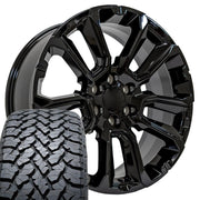 Set(4) 22x9 CV68 Gloss Black - 6x139.7 +28ET with 285/45r22 TBB TS-37 AT Tires