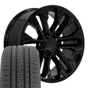 20" Replica Wheels fit Chevrolet Silverado 1500 - CV69 Gloss Black 20x9, Bridgestone Tires Set