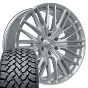 Set(4) 22x9 CV72 Gloss Silver Machined - 6x139.7 +18ET with 285/45r22 TBB TS-37 AT Tires