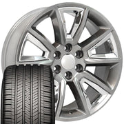 22" Replica Wheels fit Chevrolet Tahoe - CV73B Gloss Hyper Black with Chrome Insert 22x9, Goodyear Tires Set