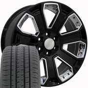 Set(4) 22x9 CV93B Gloss Black with Chrome Insert - 6x139.7 +24ET with 285/45r22 Bridgestone Dueler Alenza HL Tires