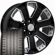 Set(4) 22x9 CV93B Gloss Black with Chrome Insert - 6x139.7 +24ET with 285/45r22 Goodyear Eagle Touring Tires