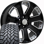 Set(4) 22x9 CV93B Gloss Black with Chrome Insert - 6x139.7 +24ET with 285/45r22 TBB TS-37 AT Tires