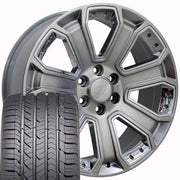 Set(4) 22x9 CV93B Gloss Hyper Black with Chrome Insert - 6x139.7 +31ET with 285/45r22 Goodyear Eagle Sport Tires