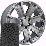 OE Wheels CV93B 22x9 6x139.7 Gloss Hyper Black with Chrome Insert Wheels 285-45-22 Sailun TerraMax RT Tires SET
