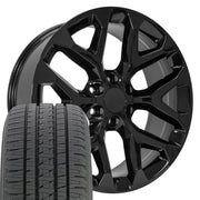 22" Replica Wheels fit Chevrolet Silverado 1500 - CV98B Gloss Black 22x9, Bridgestone Tires Set