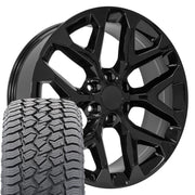 22" Replica Wheels fit Chevrolet Silverado 1500 - CV98B Gloss Black 22x9, Sailun Tires Set