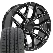22" Replica Wheels fit Chevrolet Silverado 1500 - CV98B Gloss Black with Milled Edge 22x9, Bridgestone Tires Set