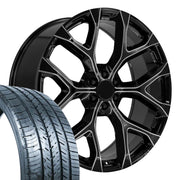 26" Replica Wheels fit Chevrolet Silverado 1500 - CV98B Gloss Black with Milled Edge 26x10, Atlas Tires Set