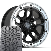 17" DEFIANT Wheels fit Jeep Wrangler - DF01 Gloss Black with Milled Edge 17x8, Sailun Tires Set
