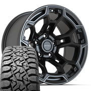 Set(4) 17x9 DF03 Satin Black with Dark Satin Charcoal 2-Tone - 5x127 -12ET with 33x12.50r17 TBB TS-57 RT Tires