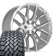Set(4) 22x9 DF18A Gloss Silver Machined - 6x139.7 +18ET with 285/45r22 TBB TS-37 AT Tires