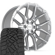 Set(4) 22x9 DF18B Gloss Silver Machined - 6x139.7 +18ET with 33x12.50r22 Sailun TerraMax RT Tires