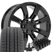 OE Wheels CA82 22x9 6x139.7 Gloss Black Wheels 285-45-22 Bridgestone Dueler Alenza HL Tires TPMS Lugs SET