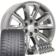 OE Wheels CV73 22x9 6x139.7 Gloss Hyper Black with Chrome Insert Wheels 285-45-22 Goodyear Eagle Sport Tires TPMS Lugs SET
