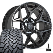 4PLAY 4P06 20x9 5x127 + 5x139.7 Gloss Black Brushed with Tinted Clear Wheels 275-55-20 TBB TS-37 AT Tires TPMS SET