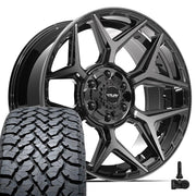 4PLAY 4P06 20x9 6x135 + 6x139.7 Gloss Black Brushed with Tinted Clear Wheels 275-55-20 TBB TS-37 AT Tires TPMS SET