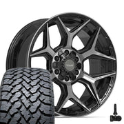 Set(4) 20x9 4P06 Gloss Black Brushed with Tinted Clear - 6x135 &amp; 6x139.7 +0ET with 275/55r20 TBB TS-37 AT Tires &amp; TPMS