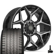 22" 4PLAY Wheels fit GM-Ford-Lincoln-Nissan-Toyota - 4P06 Gloss Black Brushed with Tinted Clear 22x9, Goodyear Tires &amp; TPMS Set