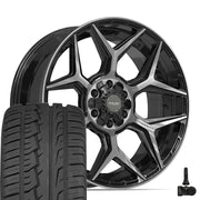 22" 4PLAY Wheels fit GM-Ford-Lincoln-Nissan-Toyota - 4P06 Gloss Black Brushed with Tinted Clear 22x9, Ironman Tires &amp; TPMS Set