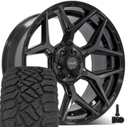 Set(5) 22x10 4P06 Gloss Black Brushed with Tinted Clear - 5x127 &amp; 5x139.7 -18ET with 33x12.50r22 Sailun TerraMax RT Tires &amp; TPMS