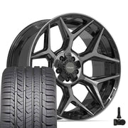 Set(5) 22x10 4P06 Gloss Black Brushed with Tinted Clear - 5x127 &amp; 5x139.7 -18ET with 285/45r22 Goodyear Eagle Sport Tires &amp; TPMS