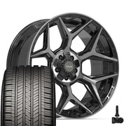 Set(5) 22x10 4P06 Gloss Black Brushed with Tinted Clear - 5x127 &amp; 5x139.7 -18ET with 285/45r22 Goodyear Eagle Touring Tires &amp; TPMS