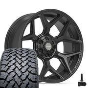 Set(4) 22x10 4P06 Satin Black - 6x135 &amp; 6x139.7 -18ET with 285/45r22 TBB TS-37 AT Tires &amp; TPMS