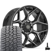 Set(4) 22x10 4P06 Gloss Black Brushed with Tinted Clear - 6x135 &amp; 6x139.7 -18ET with 285/45r22 Sailun TerraMax AT2 Tires &amp; TPMS