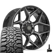 Set(4) 22x10 4P06 Gloss Black Brushed with Tinted Clear - 6x135 &amp; 6x139.7 -18ET with 33x12.50r22 TBB TS-57 RT Tires &amp; TPMS