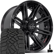 Set(4) 22x10 4P08 Gloss Black Brushed with Tinted Clear - 5x127 &amp; 5x139.7 -24ET with 285/45r22 Sailun TerraMax RT Tires &amp; TPMS