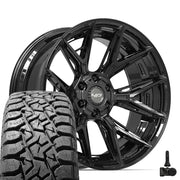 Set(4) 22x10 4P40 Gloss Black - 6x135 &amp; 6x139.7 -18ET with 33x12.50r22 TBB TS-57 RT Tires &amp; TPMS