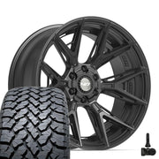 Set(4) 22x10 4P40 Satin Black - 6x135 &amp; 6x139.7 -18ET with 285/45r22 TBB TS-37 AT Tires &amp; TPMS