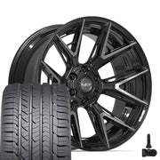Set(4) 22x10 4P40 Gloss Black Brushed with Tinted Clear - 6x135 &amp; 6x139.7 -18ET with 285/45r22 Goodyear Eagle Sport Tires &amp; TPMS